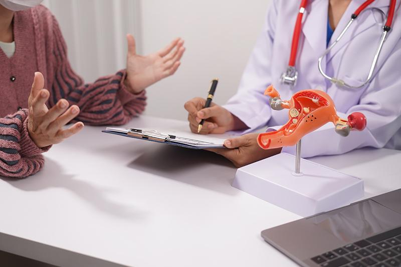 Female patient discussing menstrual symptoms with a gynae during a clinic consultation